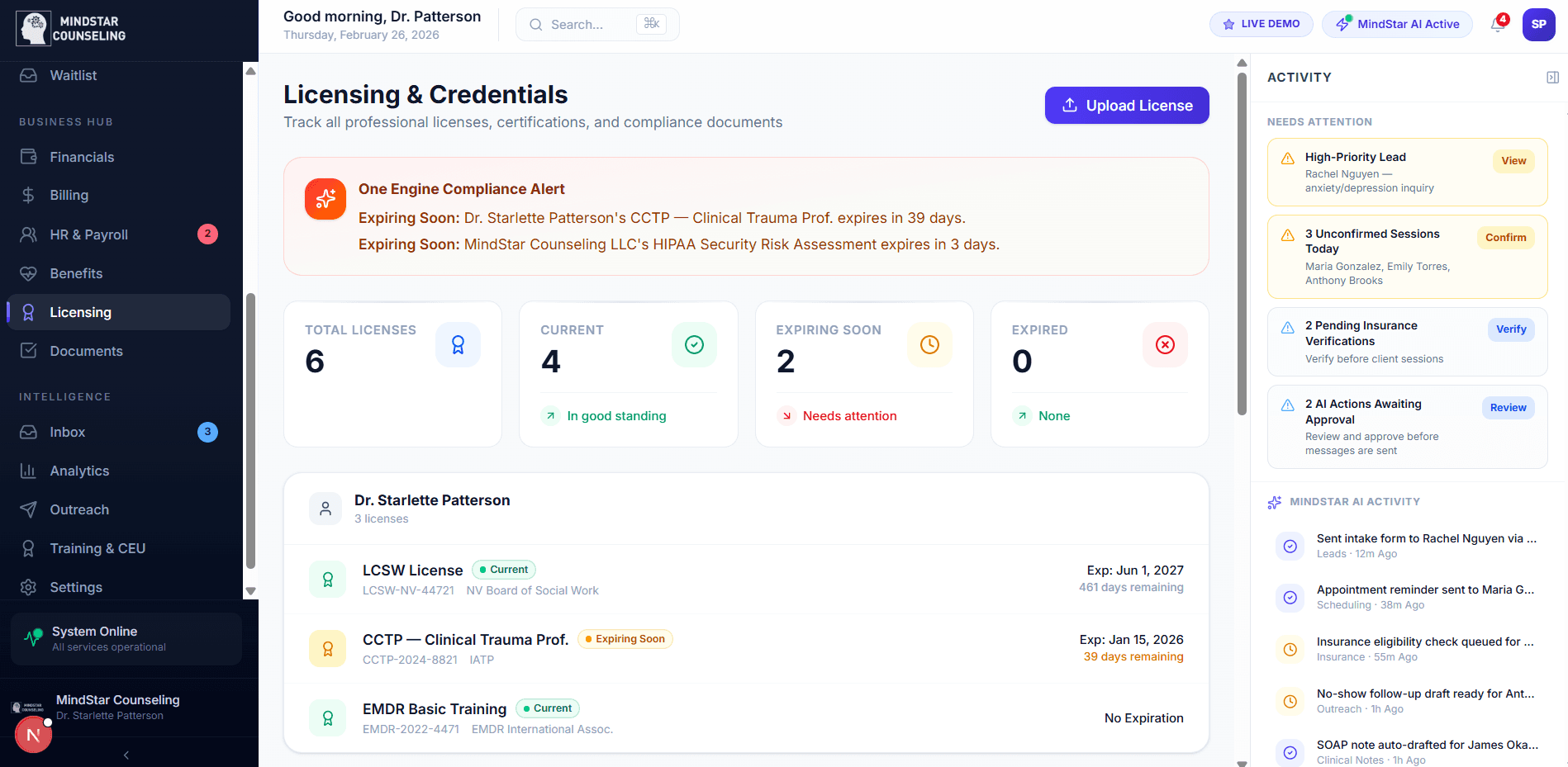 Practice Engine dashboard — scheduling, billing, and automation overview