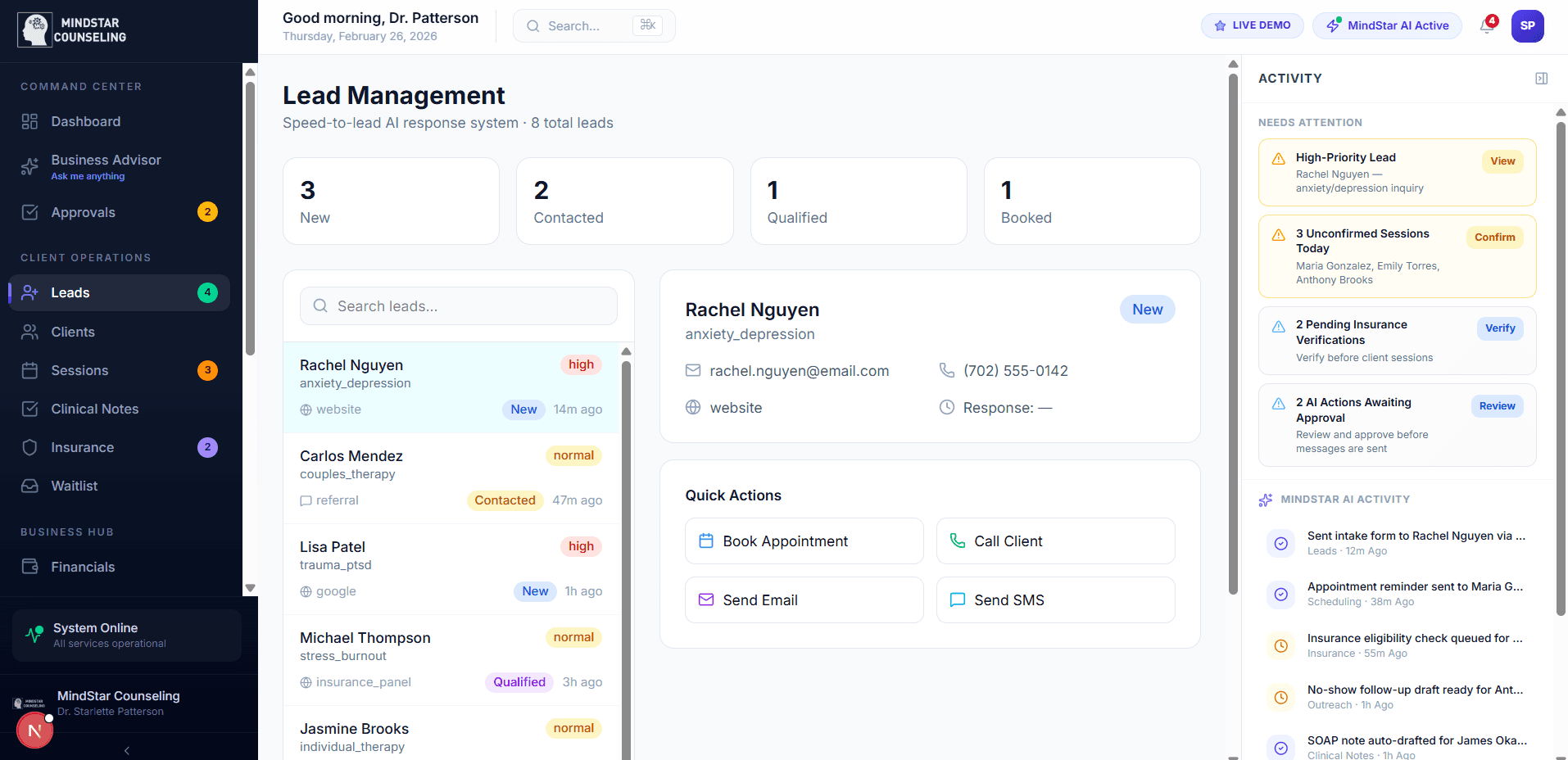 Wellness Engine dashboard — lead management and consultation tracking