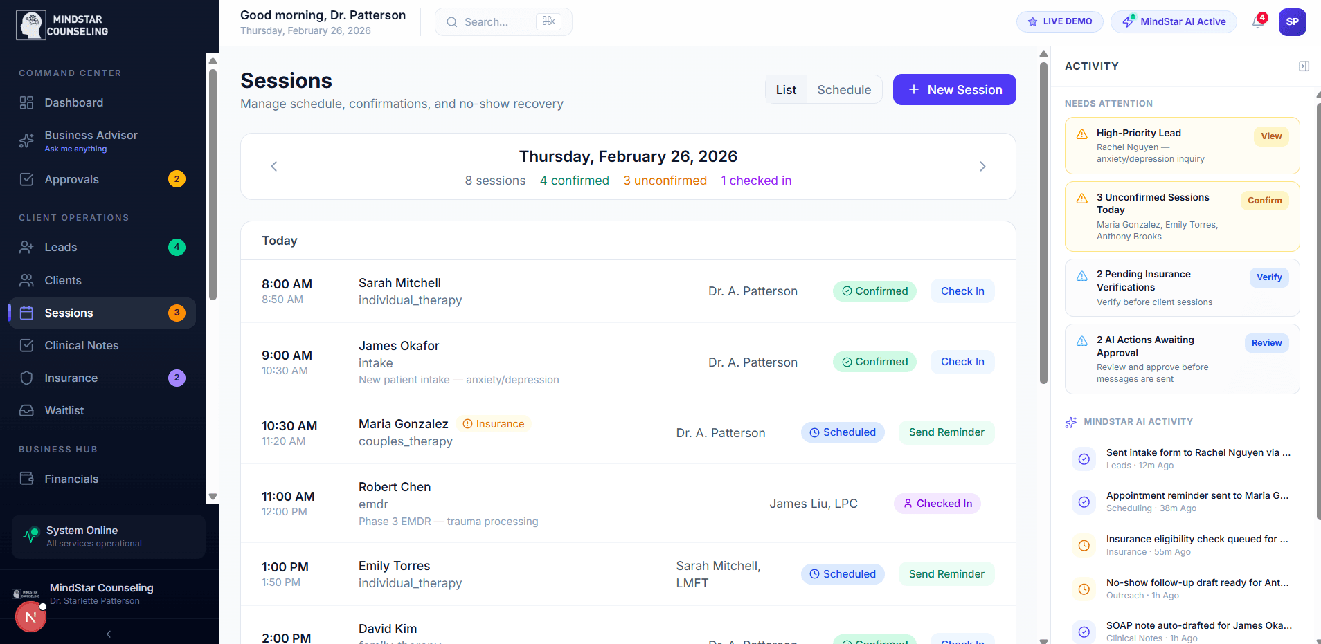Dental Engine dashboard — appointment calendar and scheduling automation